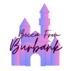 minimalist graphic of a castle with turrets, with words "becca from burbank" over the top. castle is a purple gradient and wording is black cursive outlined in red